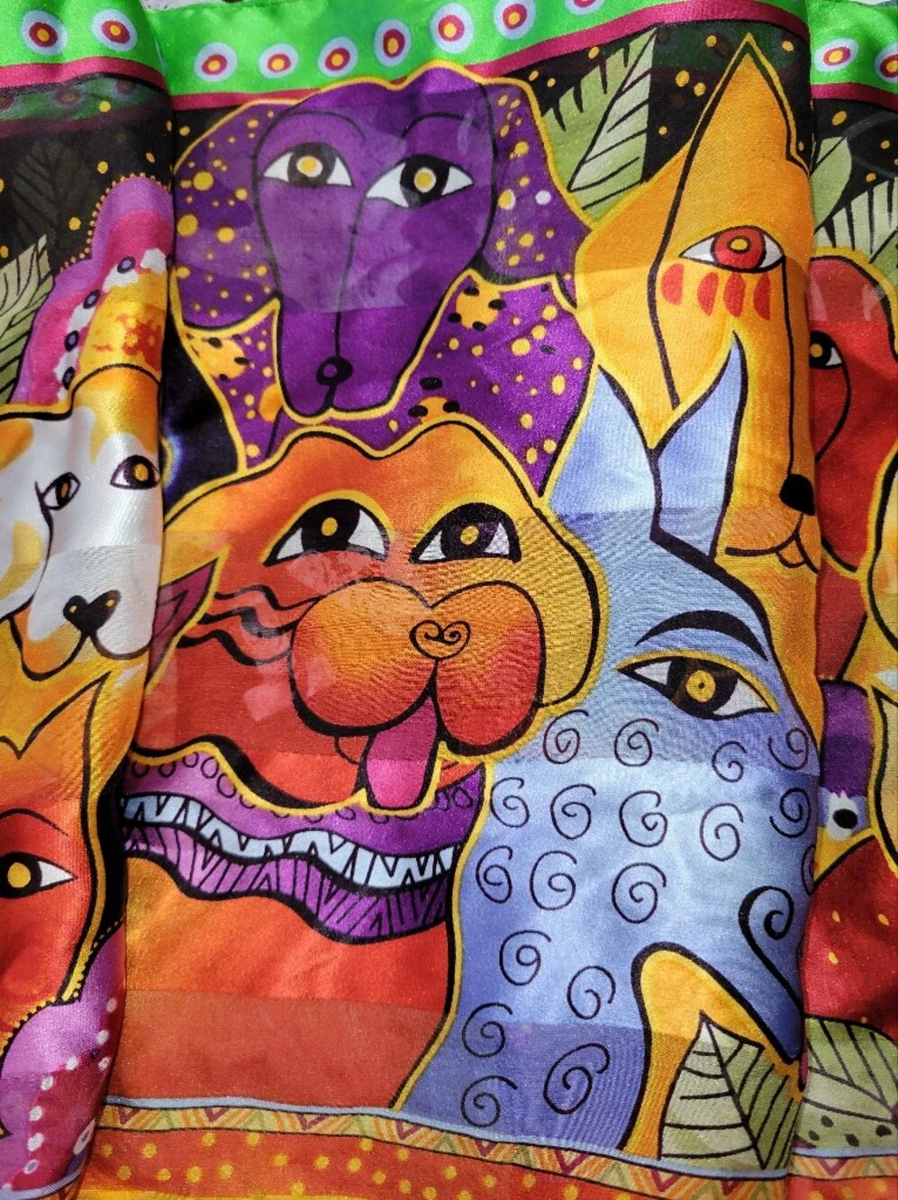 Laurel Burch 100% Silk Dog Print Scarf Tassel Hem Whimsical Art